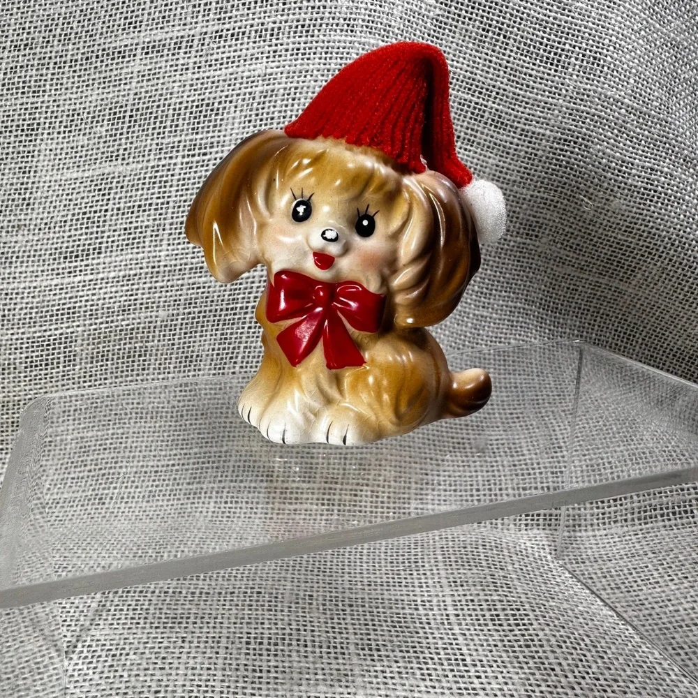 Christmas Dog Figurine Ceramic Santa Hat Red‎ Bow Japan Mid Century Kitsch Vtg